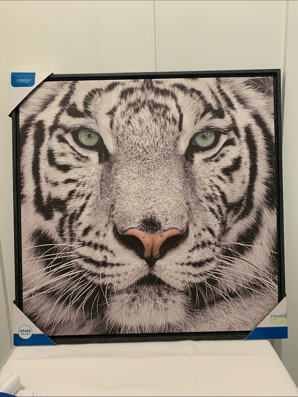 White Tiger Framed Wall Art - White, Black, Pink Accent over frame